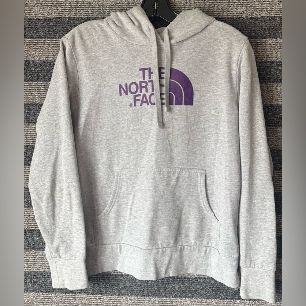 The North Face Light Gray Pullover Hoodie with Purple Logo